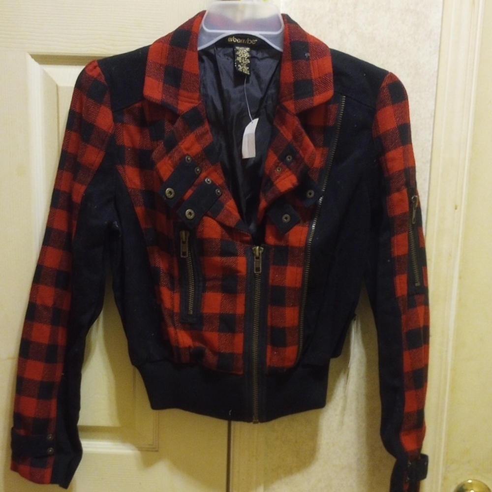 Urban Behavior Red and Black Plaid Bomber Jacket